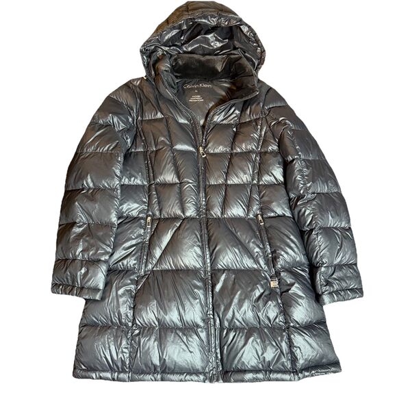 Calvin Klein Puffer Jacket Hooded Packable Lightweight Coat Duck Down Women’s XL - Picture 1 of 5